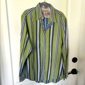 EUC Robert Graham green and purple striped flipped cuff button down shirt LG
